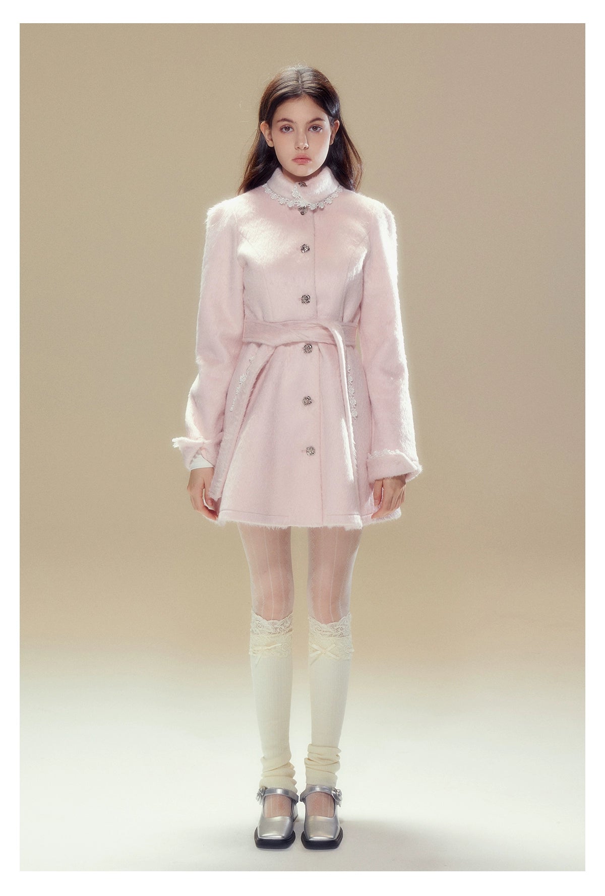 Pink Wool Lace Trim Waist Belted Coat - CHINASQUAD