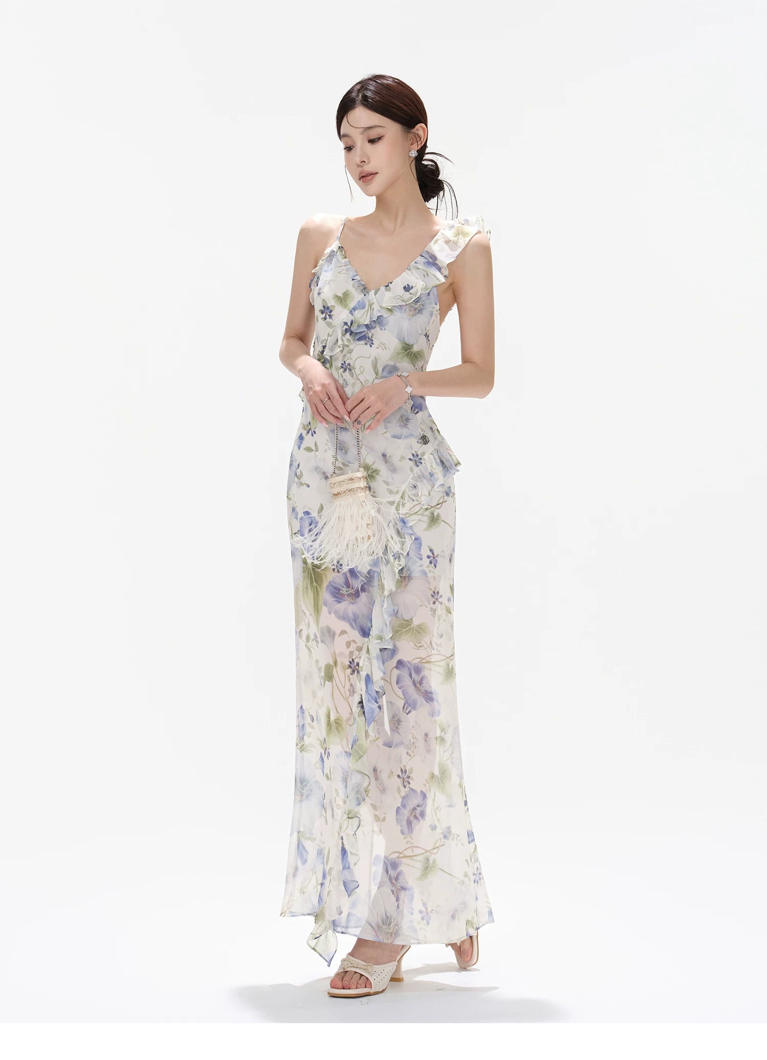 Morning Glory Dream Ruffle Chiffon Maxi Dress Blue / L