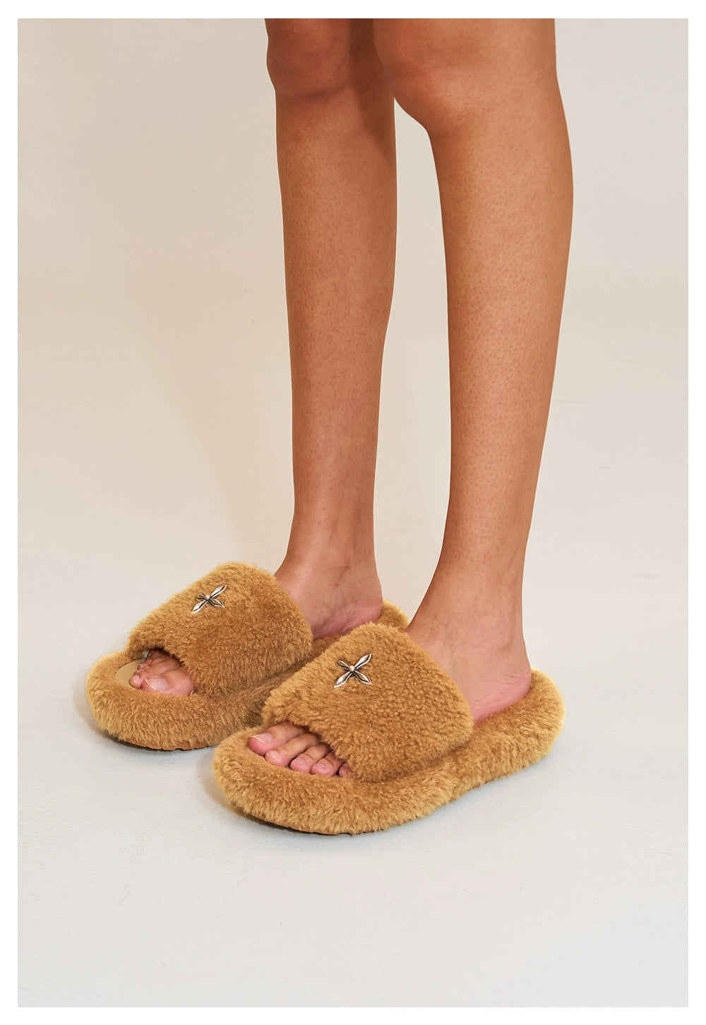 Compass Shearling Slide Sculpted Cross Emblem Sandals