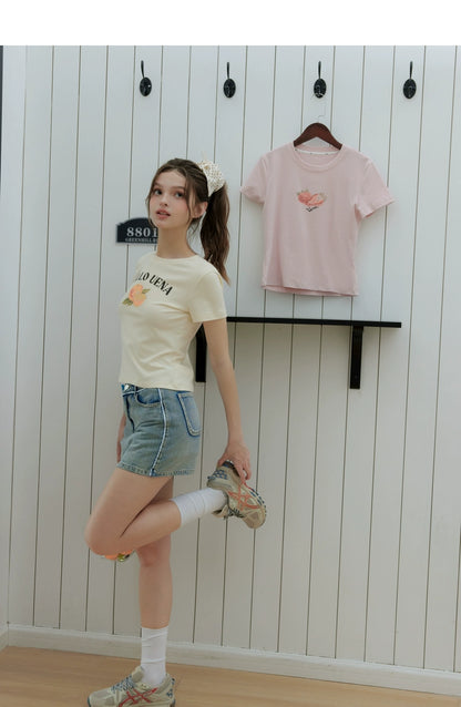 Pink &amp; Yellow Rhinestone-studded Crewneck T-shirt