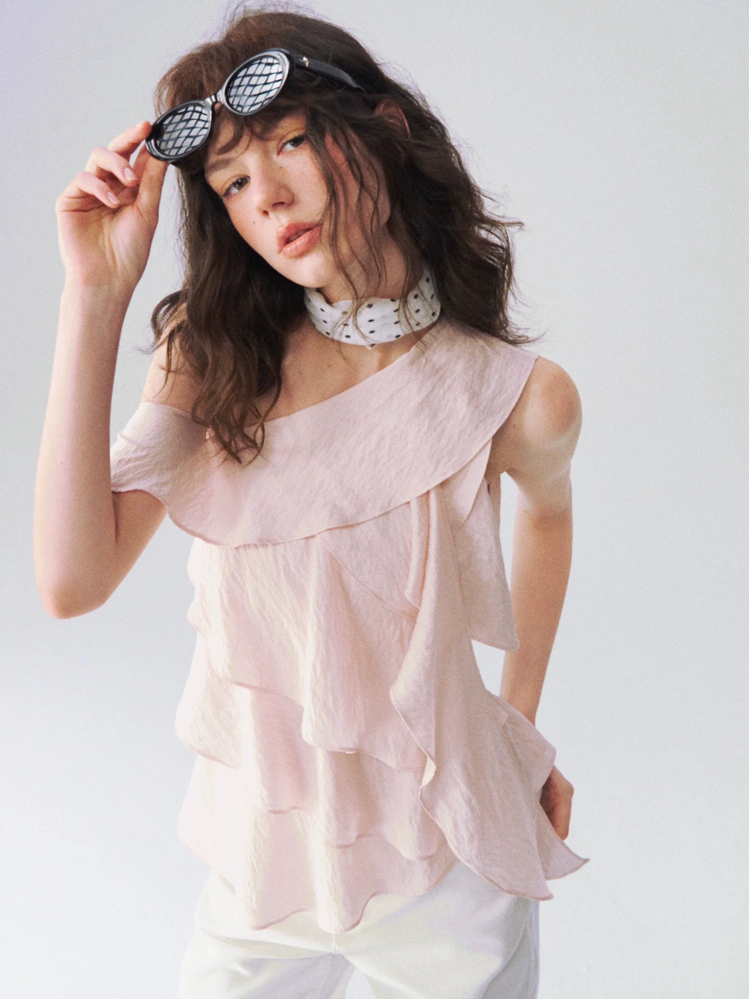 Layered Ruffle One-Shoulder Blouse