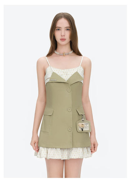 Two-Piece Illusion Blazer Badge Dress