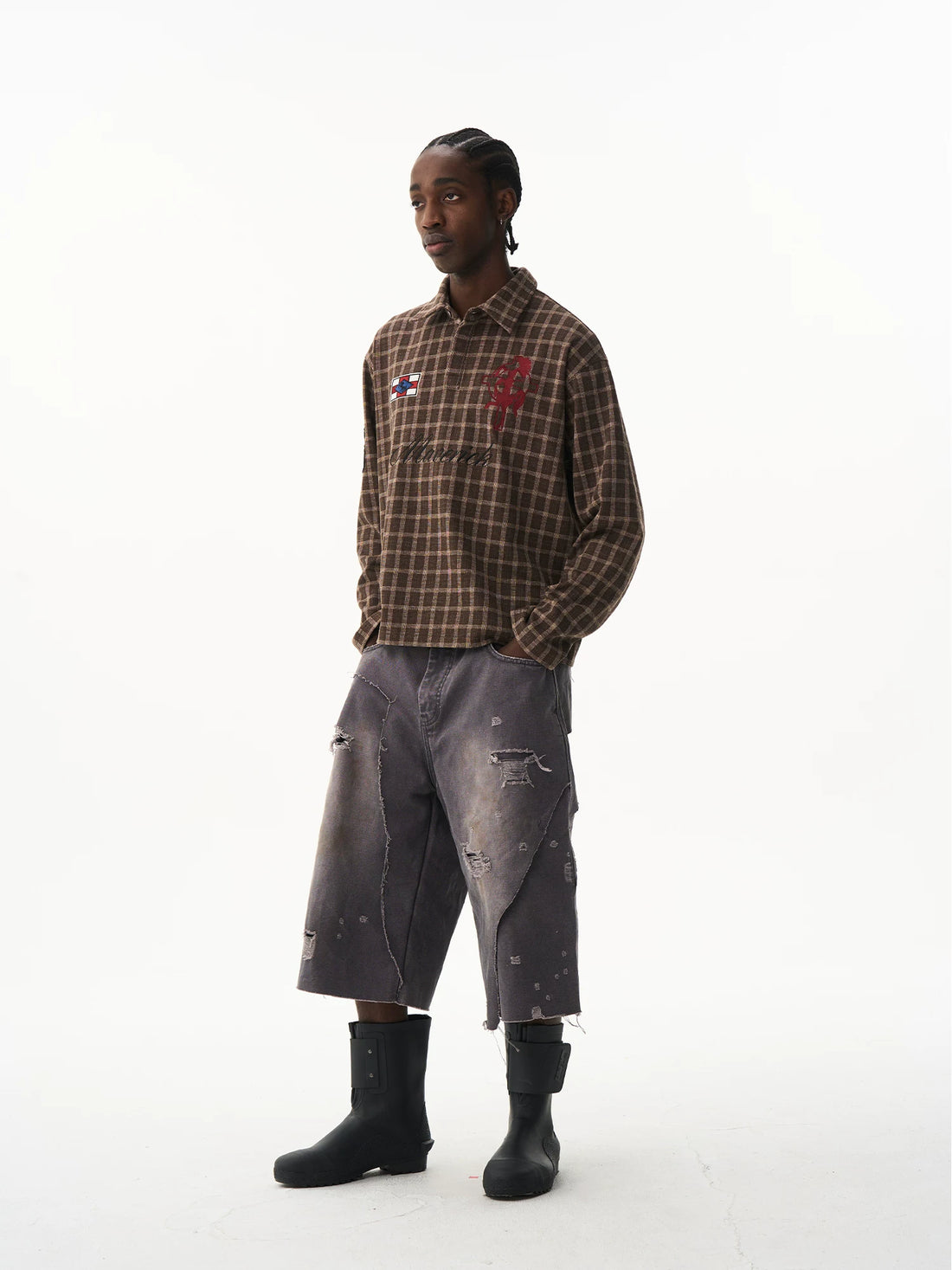 Vintage Plaid Badge Long Sleeve Polo Tee