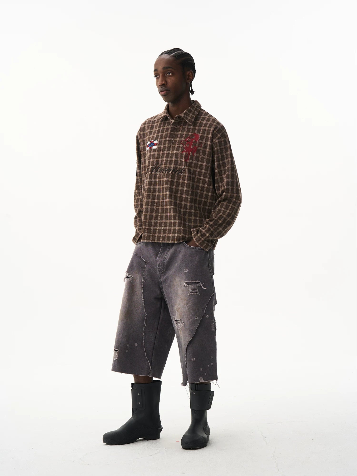 Vintage Plaid Badge Long Sleeve Polo Tee