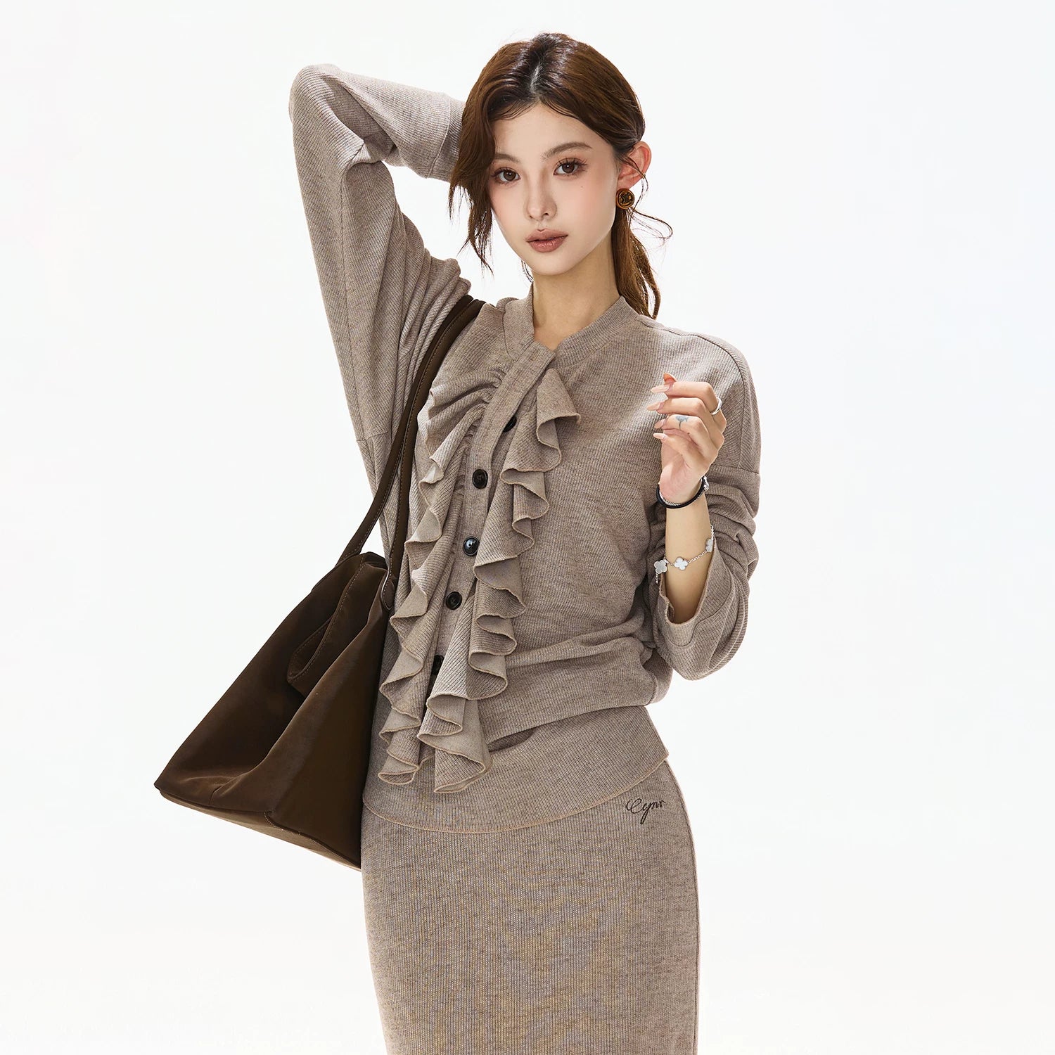 Ruffle-Trim Batwing-Sleeve Knit Crewneck