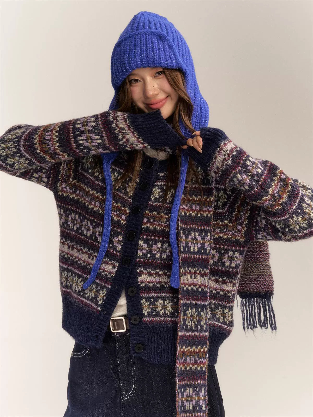 Fair Isle Wool Blend Lazy Style Knitted Cardigan