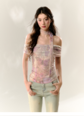 Purple Butterfly & Pink Butterfly Mesh One-shoulder T-shirt - CHINASQUAD