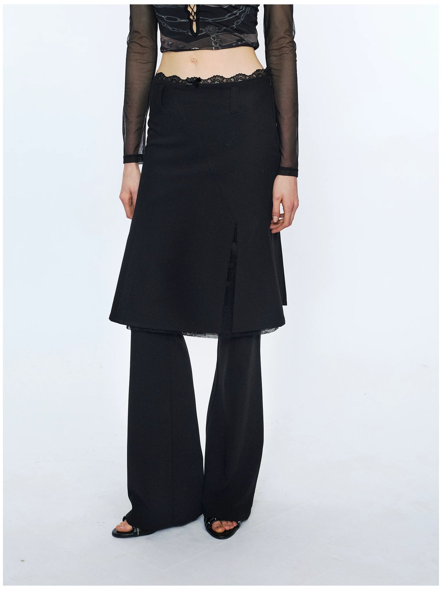 Lace Waist Bow Flared Skirt Pants