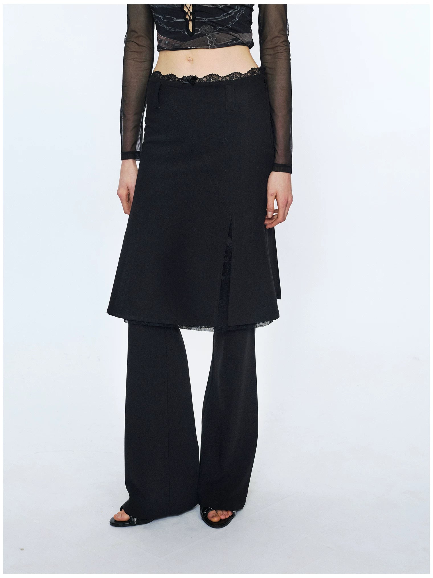 Lace Waist Bow Flared Skirt Pants
