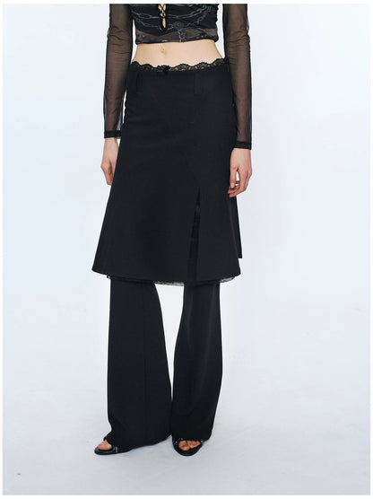 Lace Waist Bow Flared Skirt Pants