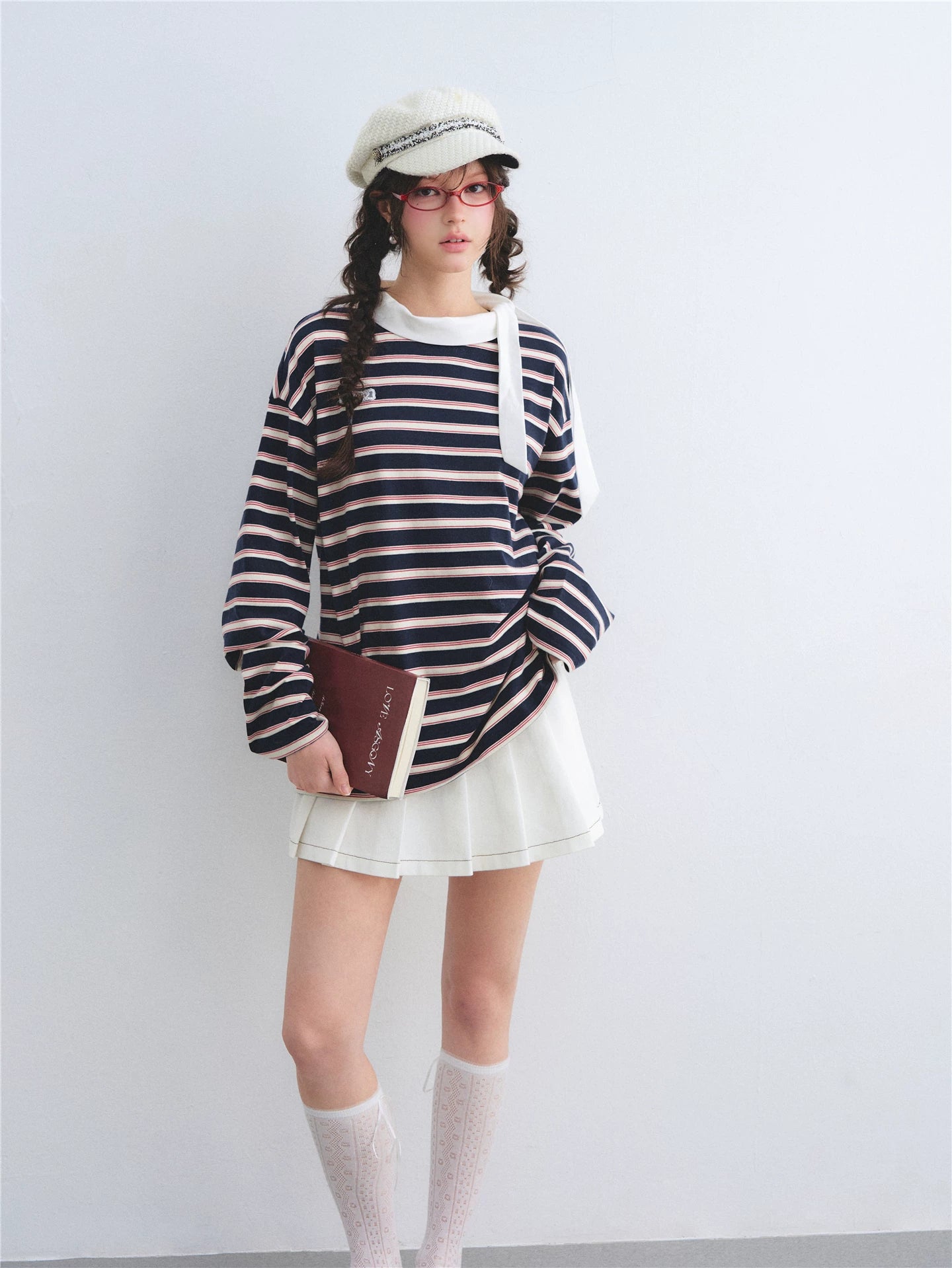 Contrast Tie Collar Striped Relaxed Long Sleeve T-Shirt
