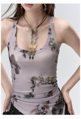 Purple & Grey Butterfly Print Irregular Strappy Vest - CHINASQUAD