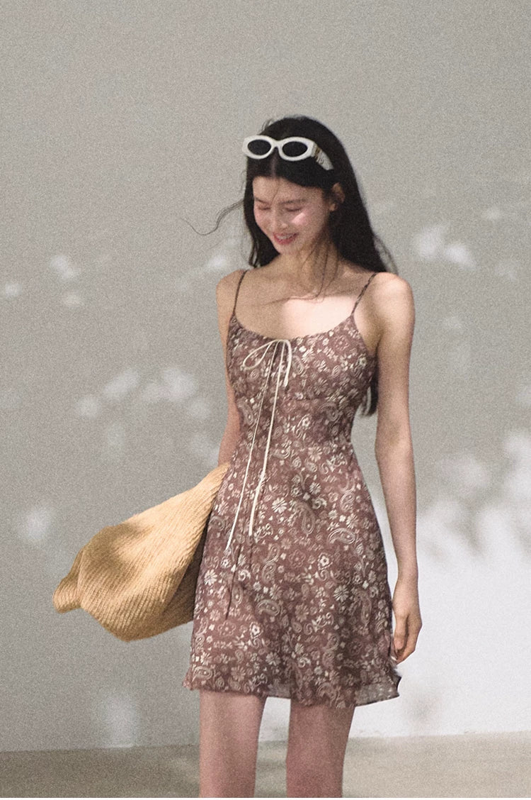 Bohemian Floral Print Waist-Cinched Sleeveless Slip Dress