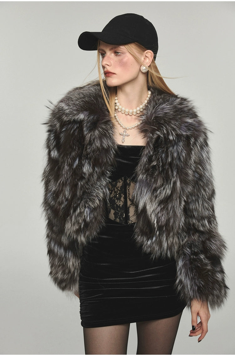 Turn-down Collar Silver Fox Fur Short Coat - CHINASQUAD
