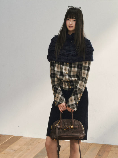 Vintage Plaid Contrast-Panel Fitted Shirt Crewneck