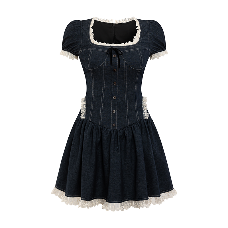 Square Neckline Short-sleeve Denim Dress CHINASQUAD Square Neckline Short-sleeve Denim Dress CHINASQUAD