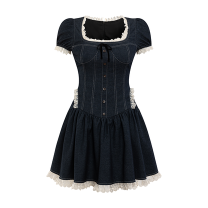 Square Neckline Short-sleeve Denim Dress