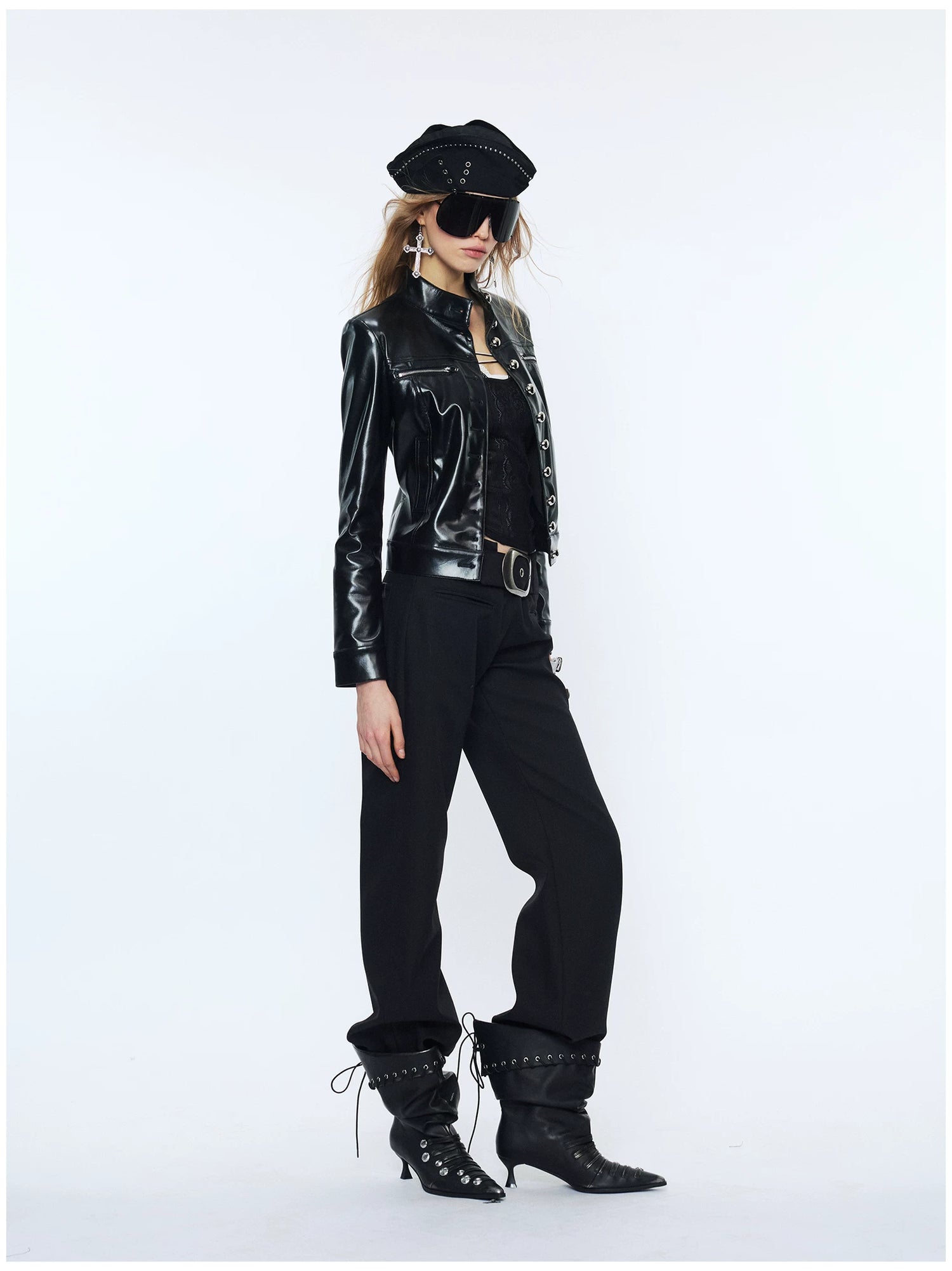 Punk Metal Button Waist-Cinched Faux Leather Jacket