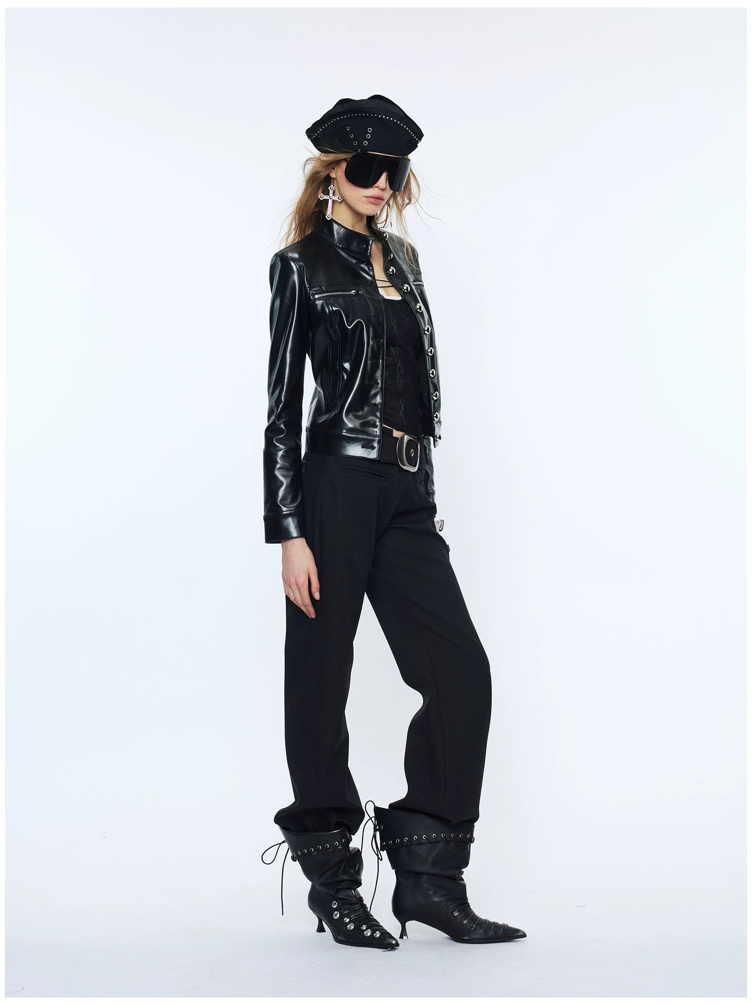 Punk Metal Button Waist-Cinched Faux Leather Jacket