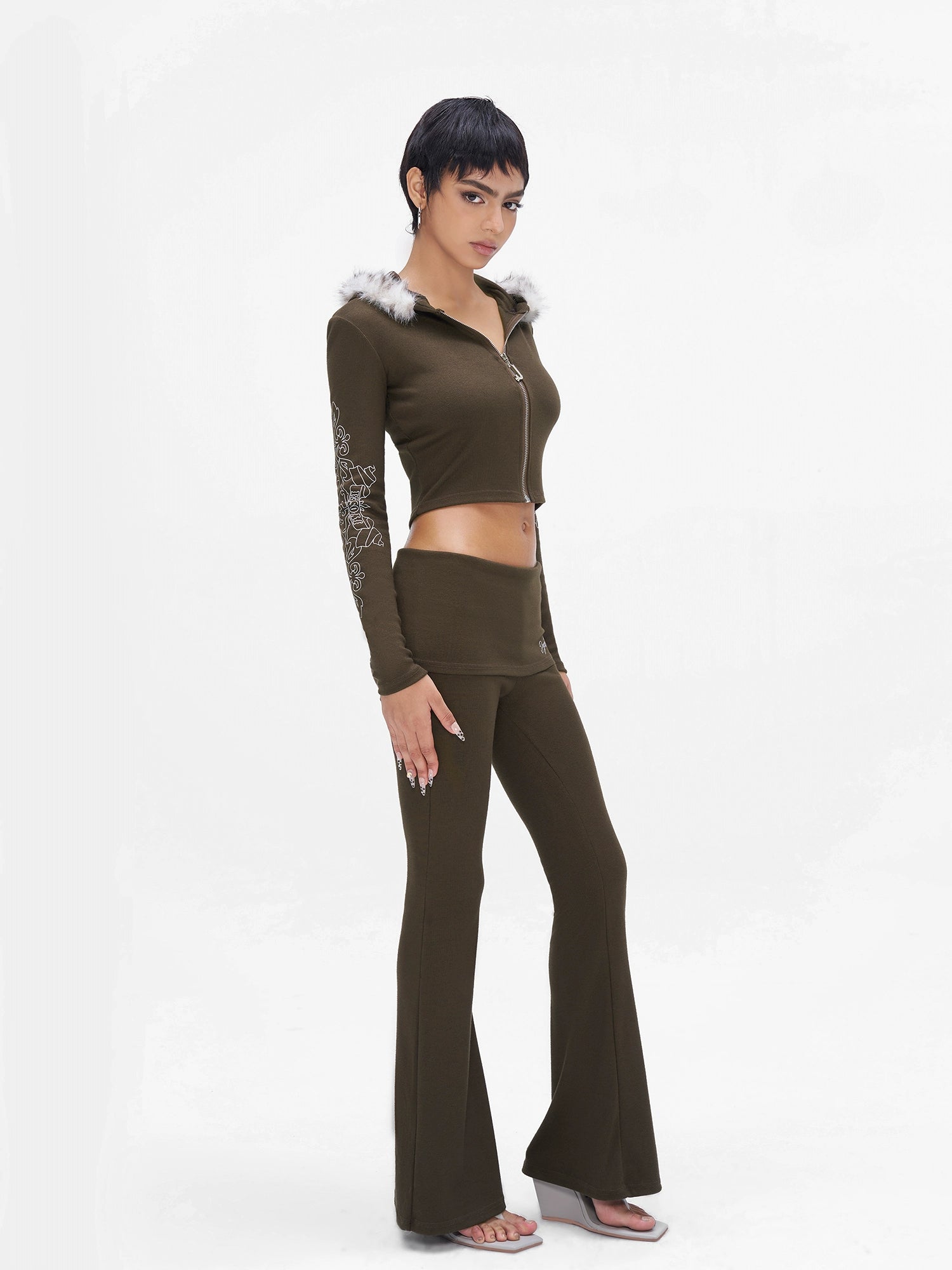 Knit Hooded Top &amp; Flare Pants Set