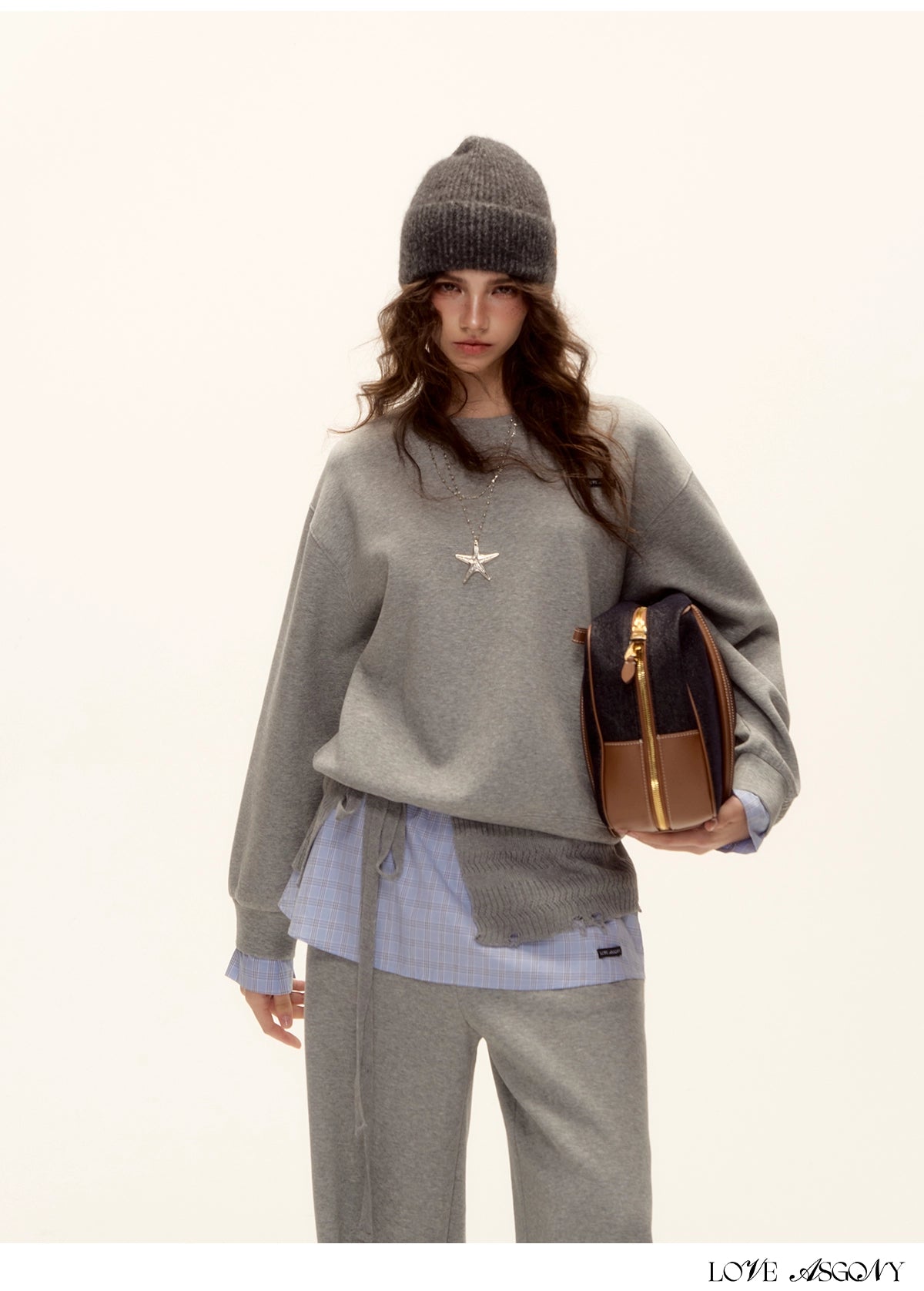 Patchwork Sweatshirt &amp; Curved-Hem Knit Pants Set