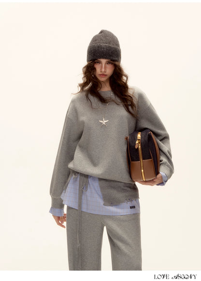 Patchwork Sweatshirt &amp; Curved-Hem Knit Pants Set