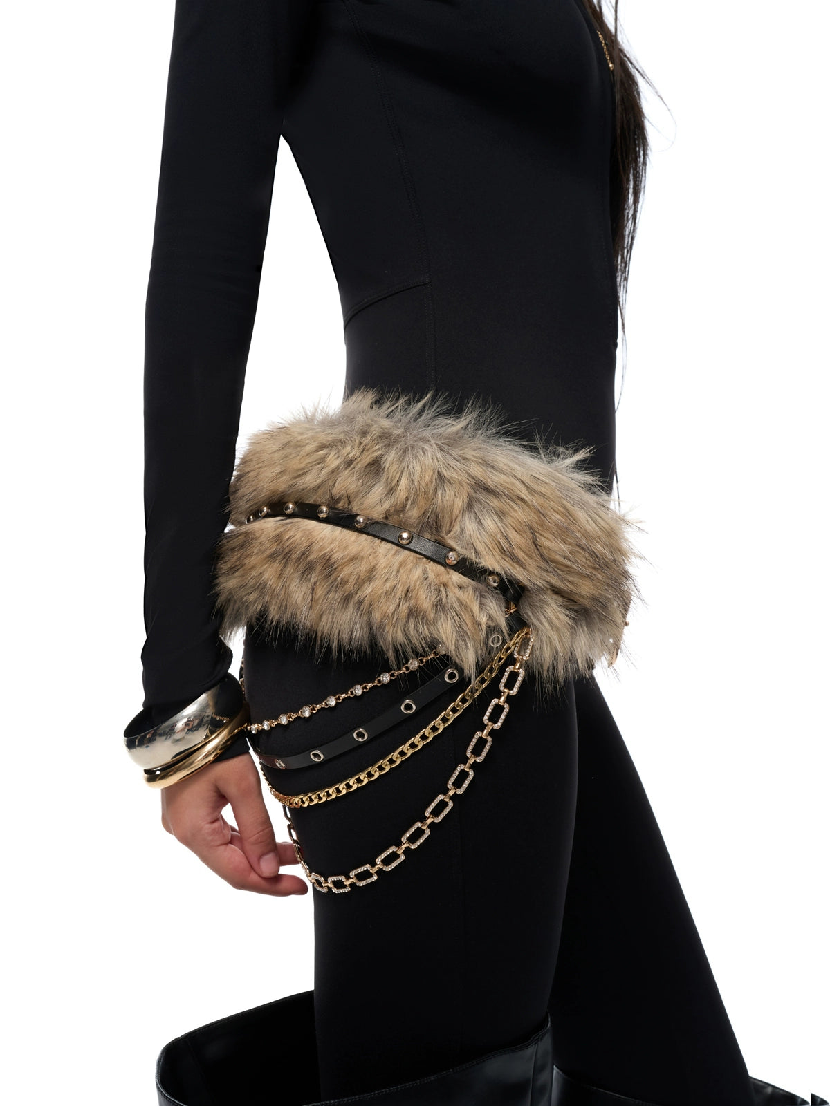 Black Fur-Trim Chain Ring Belt