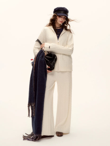 Wool Blend Cable Knit Zipped Hoodie &amp; Wide-Leg Pants Set