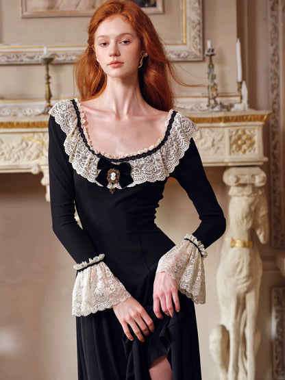 French Pastoral Black Knit Long-Sleeve Dress