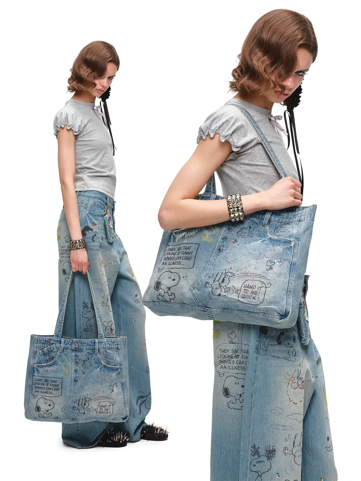 Snoopy Graffiti Crystal-Embellished Denim Tote Bag
