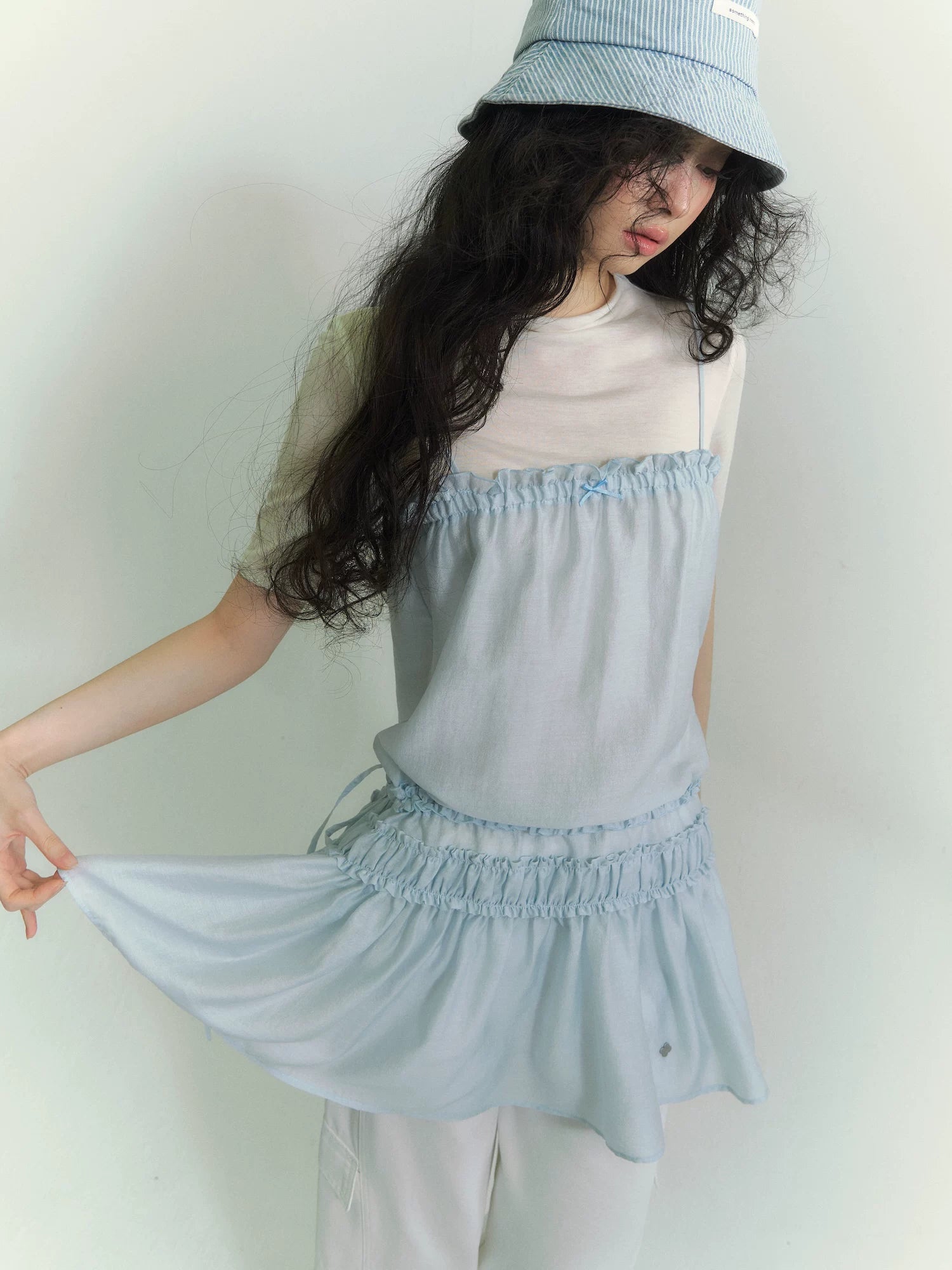Layered Ruffle Strap Dress &amp; Sheer High-Neck Tee Set