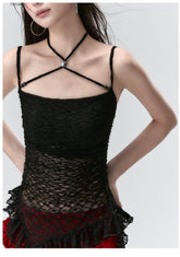 Black Lace Mesh Asymmetrical Tank Top - CHINASQUAD