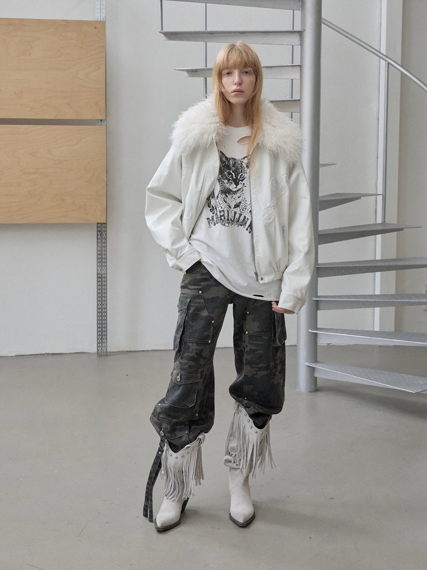 Washed Camouflage Multi-Pocket Cargo Wide-Leg Pants