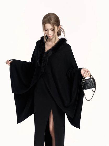 Asymmetric Cable-Knit Draped Cardigan Cape