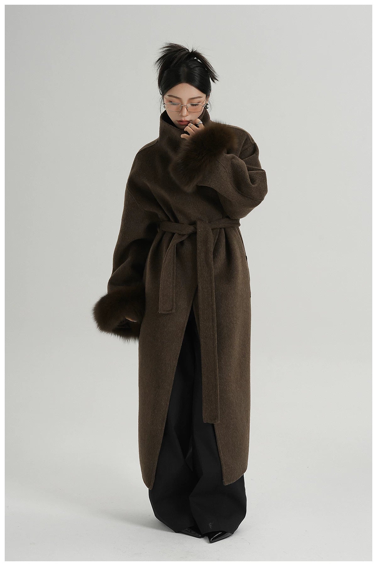 Elegant Fox-Fur Sleeve Long Wool Coat