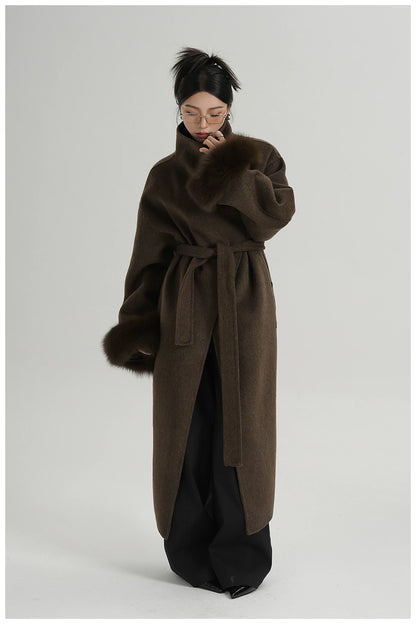 Elegant Fox-Fur Sleeve Long Wool Coat