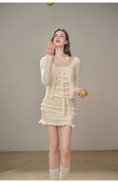 Hollow Out Cream Knit 3-Piece Set