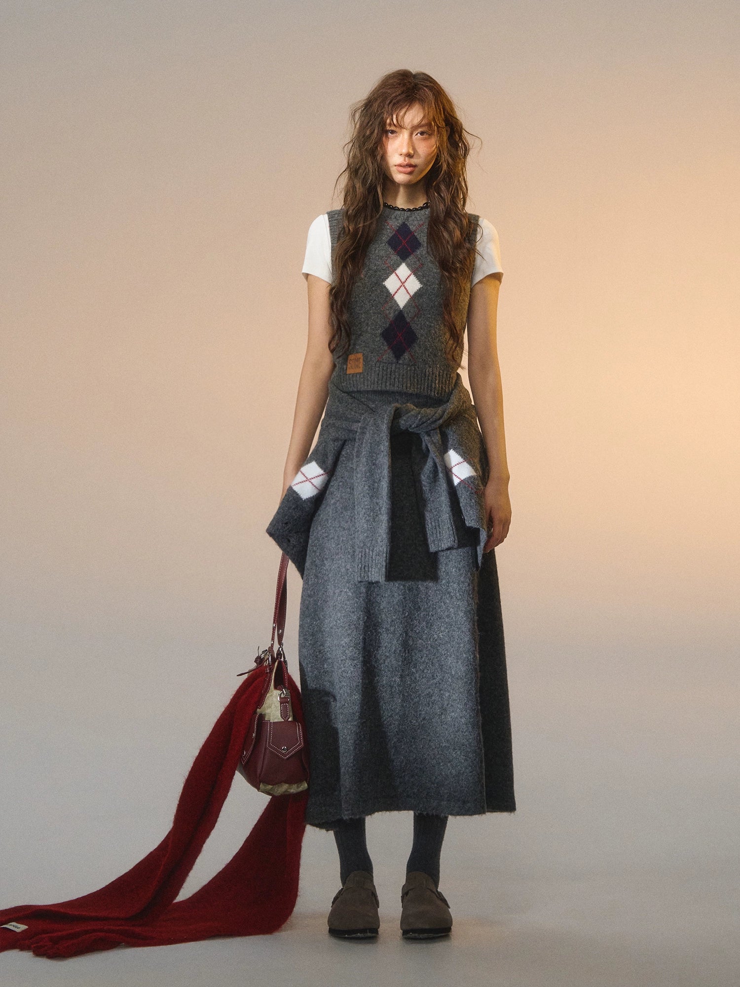 Floral Diamond Knit Vest / Cardigan / Skirt Set