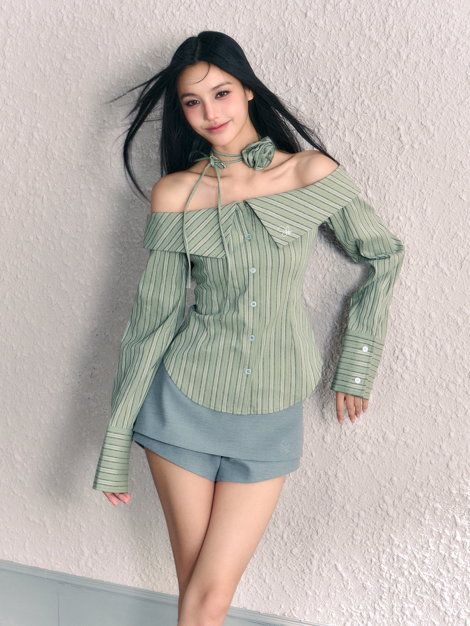 Green &amp; Pink Striped Off-Shoulder Shirt - CHINASQUAD