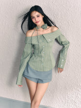 Green & Pink Striped Off-Shoulder Shirt - CHINASQUAD