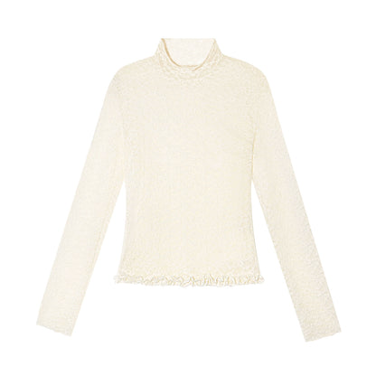 Ruffled Hem Floral Lace Mock Neck Blouse - CHINASQUAD