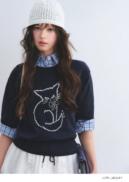 Jacquard Cat Motif Short Sleeve Knit Top