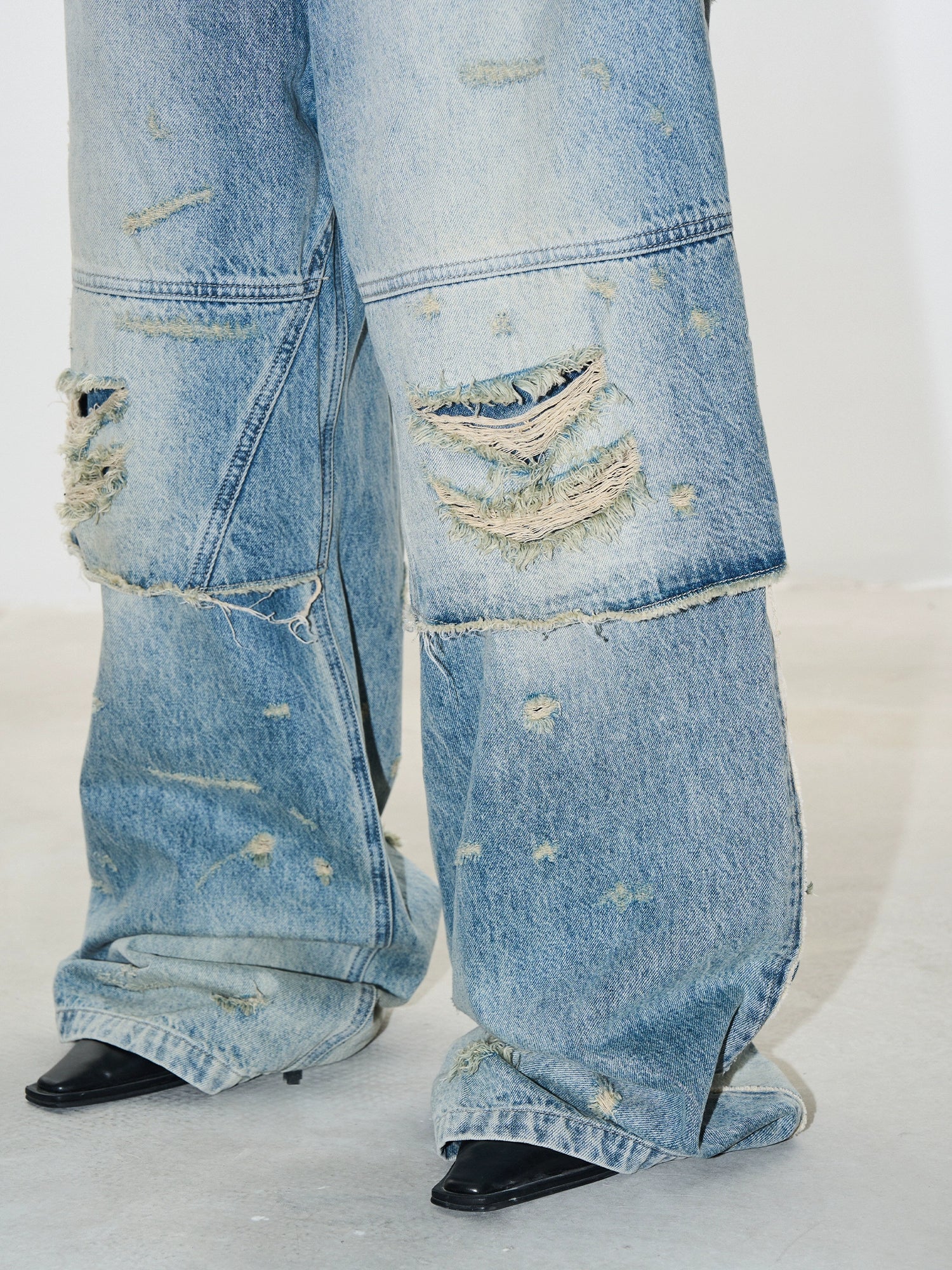 Double-Layer Distressed Washed Denim Pants