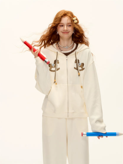 Embroidered Horse Beaded Zip-up Hoodie &amp; Pants Set