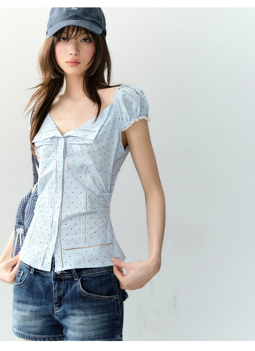 Polka Dot Lace Tie Waist Blouse