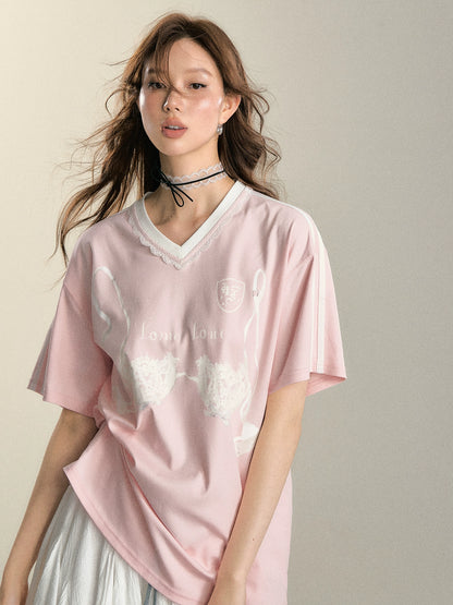 Pink Lace Collar Printed T-shirt