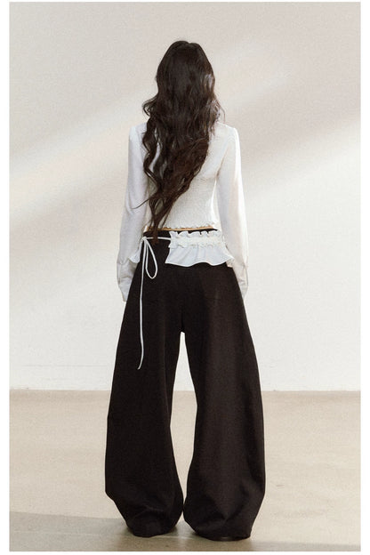 Butterfly Bow White Blouse &amp; Lace-Trim Straight Pants Set