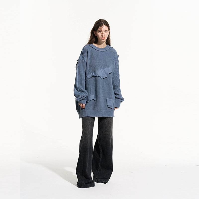 Cloud Texture Dual-Tone Distressed Knit Sweater