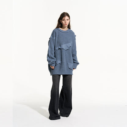 Cloud Texture Dual-Tone Distressed Knit Sweater