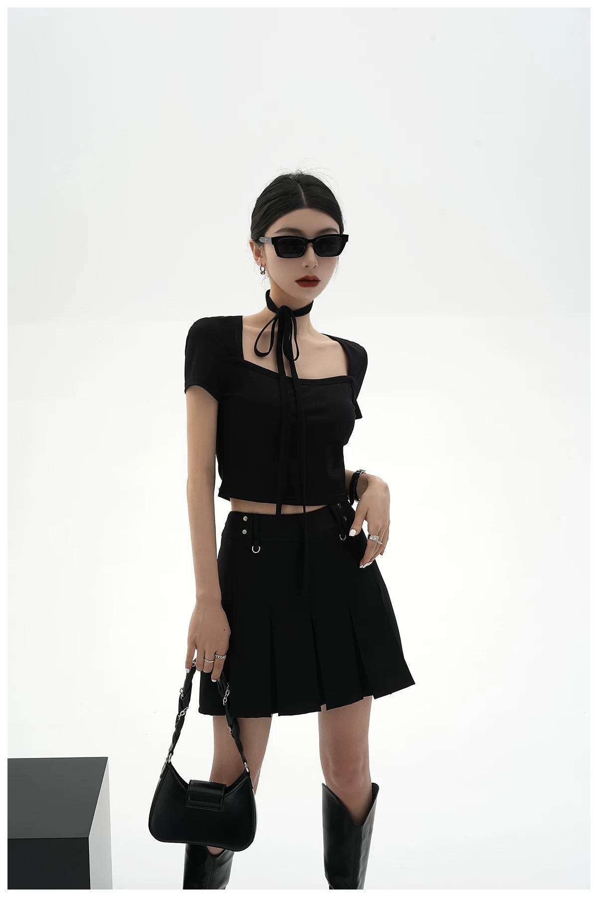 Tie-Detail Square-Neck Cropped T-Shirt